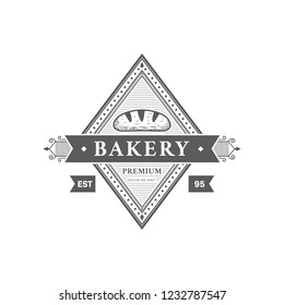 Vintage baguette bread bakery logo hand drawing victorian style badge