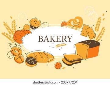 Vintage bakery background with bread and other pastries  