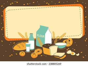 Vintage bakery background with bread and other pastries