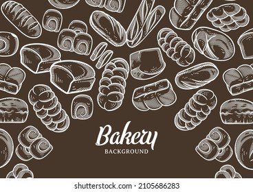 Vintage-Bäckerei-Hintergrund mit skizziertem Brot, Vektorgrafik. Speisekarte für Bäckereien oder Bäckereien
