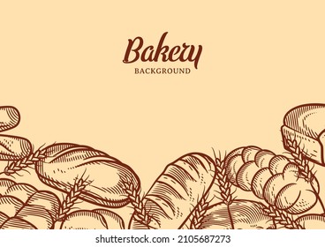 Vintage bakery background with sketched bread vector illustration. Bakery or bakehouse menu