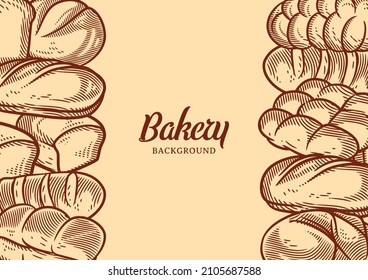 Fondo vintage de panadería con la ilustración del vector del pan esbozado. Menú de panadería o panadería