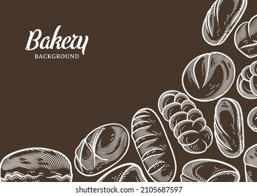 Vintage bakery background with sketched bread vector illustration. Bakery or bakehouse menu