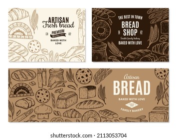 Vintage bakery banners with hand-drawn bakery products. Bread and bakery illustrations, vector food icons