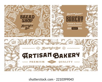 Vintage bakery banners with hand-drawn bakery products. Bread and bakery illustrations, vector food icons