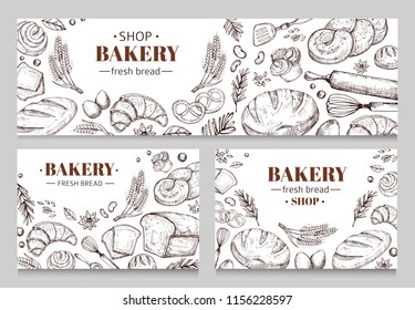 Vintage bakery banners with sketched bread vector set. Illustration of bakery card sketched, food bun for breakfast