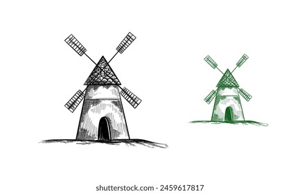 Vintage bakery and bread shop logo label badge emblem. Bakery logo for shop, emblem with windmill for bakery. Vector illustration
