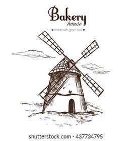 Vintage bakery and bread shop logo label badge emblem. Bakery logo for shop, emblem with windmill for bakery. Vector illustration