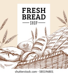 Vintage Bakery Card Template. Hand drawn of assortment of baked bread 