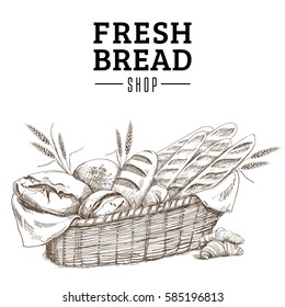 Vintage Bakery Card Template. Hand drawn of assortment of baked bread 