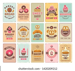 Vintage bakery cards. Delicious pastries cafe shop and cakes vector labels. Donut and cupcake, shop bakery, cooking delicious banner illustration