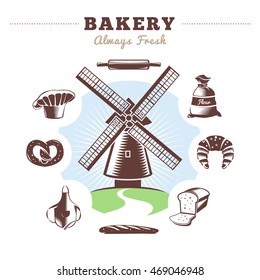 Vintage bakery element set mill and isolated bakery icon set around with title bakery always fresh vector illustration