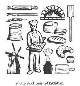 Vintage bakery elements set. With baker, bread, mill, cereal and wheat croissant and muffin. Vector illustration