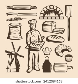 Vintage bakery elements set. With baker, bread, mill, cereal and wheat croissant and muffin. Vector illustration