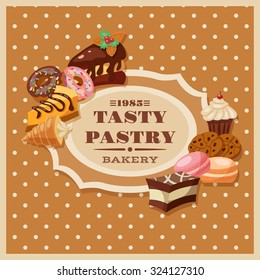 Vintage bakery flyer frame with sweets and pastry vector illustration