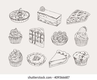 Vintage Bakery Hand Drawn Illustration Vector Set. Sweet Pastry, Pies, Tarts, Cupcakes Outline Drawing