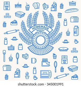 vintage bakery homemade border frame and bakery icons. outline symbol