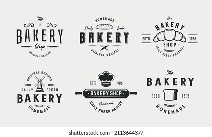Vintage bakery logo set. Cooking, Kitchen, bakery emblems. Bakery hipster logo design. Pastry shop logo, label, stamp, poster. Vector illustration
