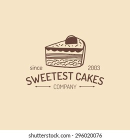 Vintage bakery logo. Vector typographic poster with cake. Retro emblem of sweet cookie. Hipster pastry icon. Biscuit sign. Desert emblem.