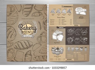 Vintage bakery menu design on cardboard background. Restaurant m