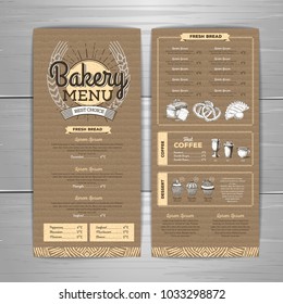 Vintage bakery menu design on cardboard background. Restaurant m