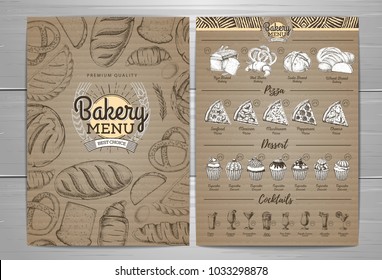 Vintage bakery menu design on cardboard background. Restaurant m