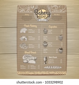 Vintage bakery menu design on cardboard background. Restaurant menu