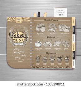 Vintage bakery menu design on cardboard background. Restaurant menu