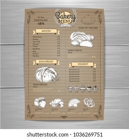 Vintage bakery menu design on cardboard background. Restaurant m