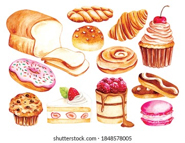 Vintage bakery and pastry water color style doodle