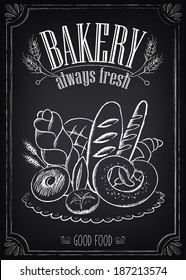 Vintage Bakery Poster. Freehand drawing on the chalkboard: bread and other pastries