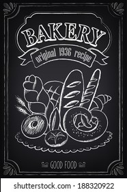 Vintage Bakery Poster. Freehand drawing on the chalkboard: bread and other pastries