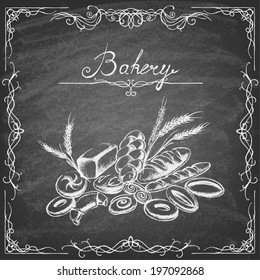  Vintage Bakery Poster. Freehand drawing on the chalkboard: bread and other pastries   Retro vintage style food design. Vector illustration.