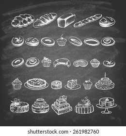 Vintage Bakery Poster. Freehand drawing on the chalkboard: bread and other pastries. Retro vintage style food design. Sketches of desserts.  Vector illustration.