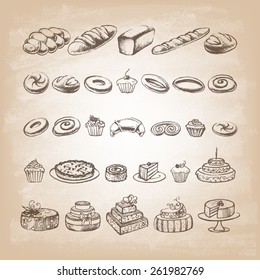 Vintage Bakery Poster. Freehand drawing: bread and other pastries. Retro vintage style food design. Sketches of desserts.  Vector illustration.