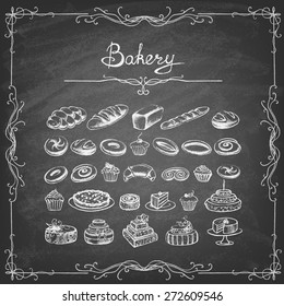 Vintage Bakery Poster. Freehand drawing on the chalkboard: bread and other pastries Retro vintage style food design. Vector illustration.