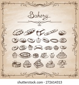 Vintage Bakery Poster. Freehand drawing: bread and other pastries. Retro vintage style food design. Sketches of desserts. Vector illustration.