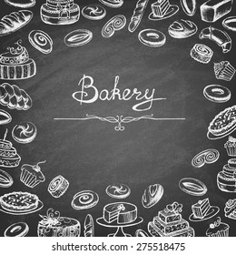 Vintage Bakery Poster. Freehand drawing on the chalkboard: bread and other pastries Retro vintage style food design. Vector illustration.