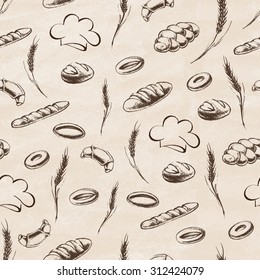 Vintage Bakery Poster. Freehand drawing : bread and other pastries. Retro vintage style food design. Seamless pattern. Vector illustration.
