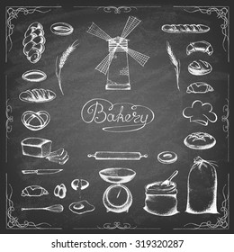 Vintage Bakery Poster. Freehand drawing on the chalkboard: bread and other pastries. Retro vintage style food design. Vector illustration.