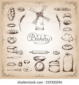 Vintage Bakery Poster. Freehand drawing : bread and other pastries. Retro vintage style food design. Vector illustration.