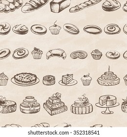 Vintage Bakery Poster. Freehand drawing: bread and other pastries. Retro vintage style food design. Sketches of desserts. Seamless  pattern.  Vector illustration.
