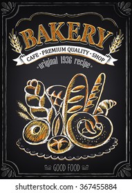 Vintage Bakery Poster. Freehand drawing with imitation of chalk sketch. Bread and pastries