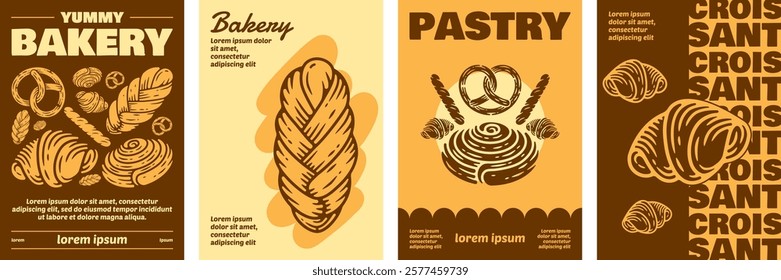 Vintage bakery poster set, hand-drawn bread and pastry illustrations with retro typography and warm color palette for bakeries, cafes, and food advertising.