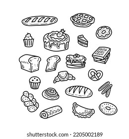 Vintage bakery products doodle set. Pastry food hand drawn elements collection. Black and white sketch wheat dessert vector illustration in cartoon style