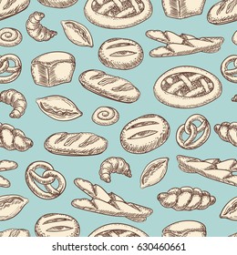 Vintage bakery seamless pattern. Vector background with bread, buns, croissant etc