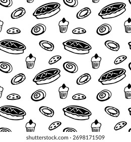 Vintage bakery seamless vector pattern with artisan bread and pastries in hand sketched style for wrapping and menu decoration, bakery food branding.