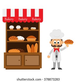 vintage bakery shelf and chef cartoon with pie