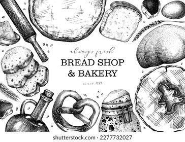 Vintage bakery shop background. Vector frame with baking ingredients, pastries, and bread sketches isolated on white. Hand drawn food illustration for bakery store, cafe menu, banner design. 