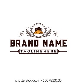 Vintage bakery shop logo design with Homemade Badge Template. shop label, badge, emblem, cream, chef, hat, premium bread making production.